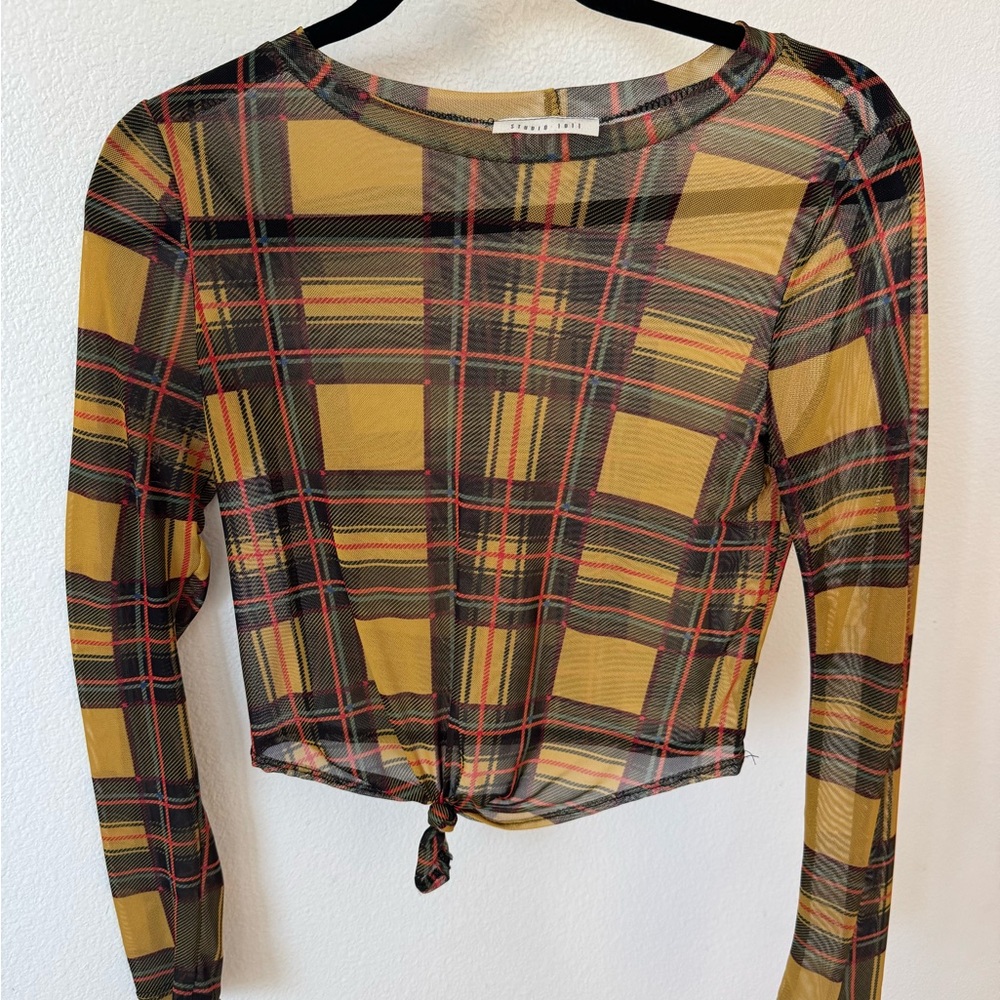 Plaid Long Sleeve Tie-Front Top
